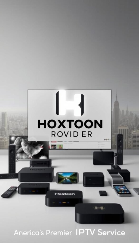 A sleek, modern logo for the "Hoxtoon Provider" IPTV service prominently displayed in the foreground, surrounded by a clean, minimalist design. In the middle ground, various streaming devices such as smart TVs, set-top boxes, and mobile devices are arranged, showcasing the service's multi-platform support. The background features a subtle city skyline, hinting at the global reach and accessibility of the Hoxtoon IPTV service. The overall composition conveys a sense of professionalism, innovation, and reliability, fitting the description of "America's Premier IPTV Service". A sleek, modern logo for the "Hoxtoon Provider" IPTV service prominently displayed in the foreground, surrounded by a clean, minimalist design. In the middle ground, various streaming devices such as smart TVs, set-top boxes, and mobile devices are arranged, showcasing the service's multi-platform support. The background features a subtle city skyline, hinting at the global reach and accessibility of the Hoxtoon IPTV service. The overall composition conveys a sense of professionalism, innovation, and reliability, fitting the description of "America's Premier IPTV Service".