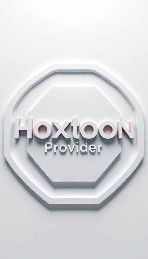 A sleek, modern logo for the "Hoxtoon Provider" IPTV service, rendered in a high-quality 3D illustration. The logo features the brand name "Hoxtoon" in a bold, clean font, with the word "Provider" written underneath in a smaller, complementary typeface. The logo is set against a stylized backdrop of concentric hexagon shapes, evoking the idea of a broadcast signal or streaming platform. The lighting is soft and directional, creating depth and dimension. The overall aesthetic is polished, professional, and conveys a sense of reliability and high-quality content delivery.