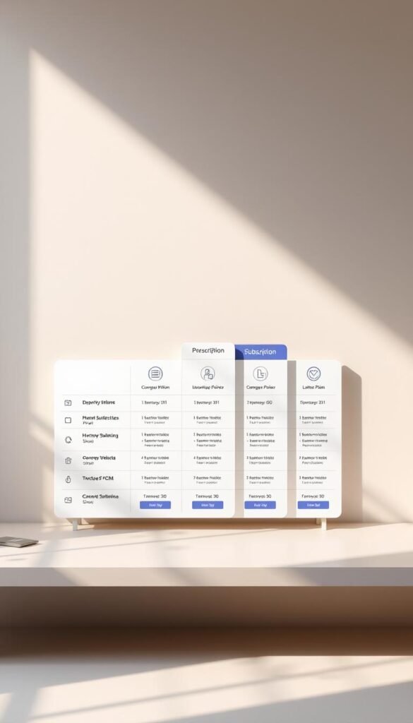 A sleek, modern-looking table displaying the subscription plans offered by Hoxtoon Provider. The table has a clean, minimalist design with crisp lines and subtle gradients. The plans are presented in a grid layout, each with its own icon, title, and detailed pricing information. The background is a soft, muted tone that provides a serene and professional atmosphere, allowing the table to be the focal point. Soft, directional lighting from the left side casts subtle shadows, adding depth and dimension to the scene. The overall mood is one of clarity, organization, and attention to detail, reflecting the high-quality services of Hoxtoon Provider.