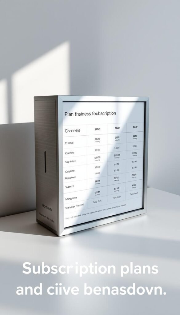 A sleek, modern mag box displaying the Hoxtoon Provider subscription plans. The box is made of brushed aluminum with a minimalist design, standing on a white surface. A soft directional light casts subtle shadows, highlighting the clean lines and premium feel. The plan details are presented in a simple, organized grid layout, with pricing, channel counts, and device support clearly visible. The overall mood is professional, informative, and visually appealing, perfectly suited to illustrate the "Hoxtoon Subscription Plans and Pricing Breakdown" section.