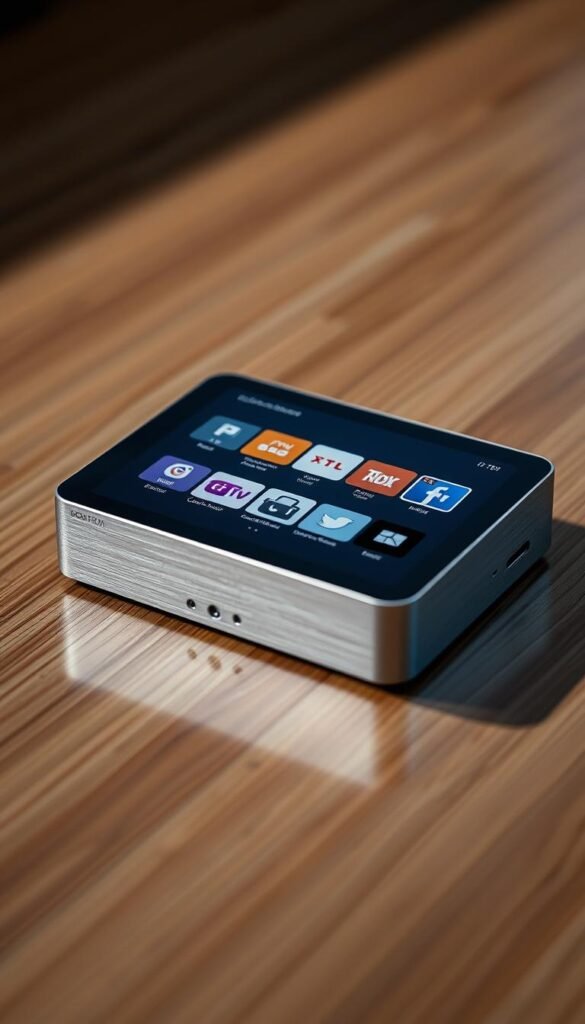 A sleek, modern mag box resting on a wood-grain surface, displaying the Hoxtoon Provider user interface with a clean, intuitive layout. The box has a minimal, rectangular design with a brushed aluminum finish, casting a soft, directional light across the scene. The interface shows a grid of channel icons, with clear labels and categories for easy navigation. The background is blurred, creating a sense of depth and focus on the device. The overall atmosphere is one of simplicity, functionality, and high-quality user experience for the Hoxtoon IPTV service.