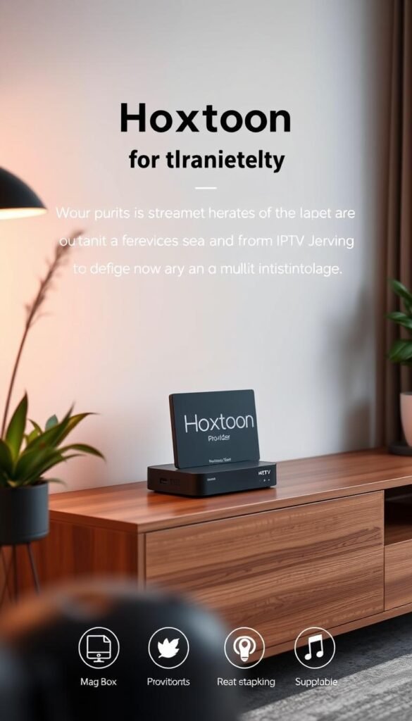 A sleek, modern media center setup with a Mag box prominently displayed, showcasing the "Hoxtoon Provider" brand. The Mag box is positioned on a minimalist wooden entertainment unit, surrounded by modern home decor elements like plants and ambient lighting. The image has a warm, inviting tone, conveying the ease and versatility of the Hoxtoon IPTV service for multi-device streaming. The composition is balanced, with the Mag box taking center stage, while the background is softly blurred to keep the focus on the device. The lighting is natural and diffused, creating a cozy, sophisticated atmosphere.