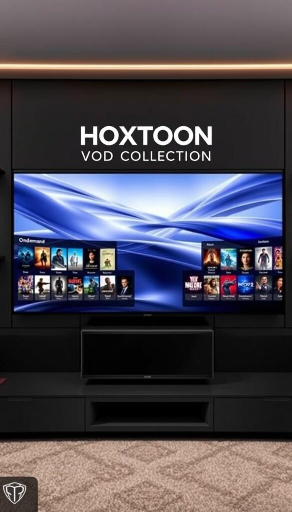 A sleek, modern media center showcasing the vast HOXTOON VOD Collection. In the foreground, a meticulously designed interface displays a curated selection of on-demand titles, ranging from the latest blockbusters to classic favorites. The middle ground features a fluid, cinematic backdrop, with subtle lighting and camera angles that draw the viewer into the immersive experience. In the background, a stylized HOXTOON Provider logo subtly anchors the scene, conveying the brand's premium quality and reliable service. The overall mood is one of sophistication, entertainment, and the abundance of choice that HOXTOON's impressive VOD library provides.