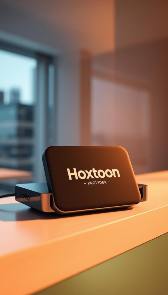 A sleek, modern media device with the Hoxtoon Provider logo prominently displayed on its surface, standing atop a minimalist wooden or glass shelf. The device is bathed in warm, soft lighting, creating a cozy and inviting atmosphere. In the background, a blurred cityscape or interior scene evokes a sense of urban sophistication. The composition emphasizes the Hoxtoon Provider's elegant design and the high-quality viewing experience it offers for Roku TV users in the USA.
