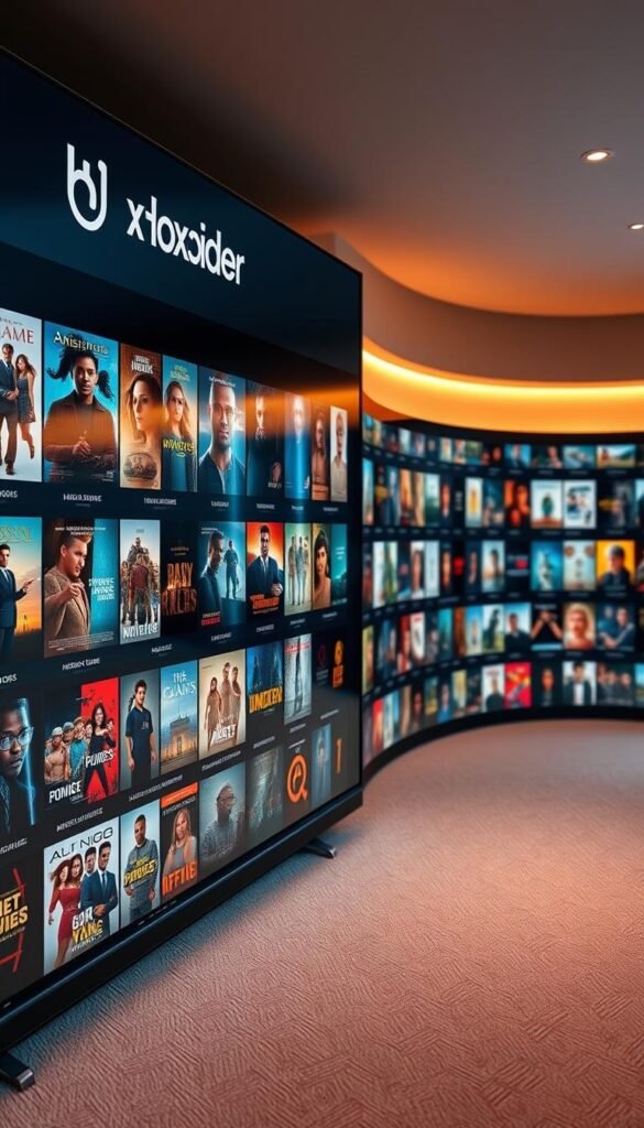 A sleek, modern media library interface with the Hoxtoon Provider branding prominently displayed. Rows of high-resolution thumbnails showcasing a vast selection of on-demand video content, ranging from the latest blockbuster films to classic TV shows. Smooth transitions between categories, with a clean, intuitive layout that invites exploration. Warm lighting casts a soft glow, creating an inviting atmosphere. The interface is captured from a slightly elevated angle, giving a sense of depth and scale to the impressive catalog of over 150,000 VODs. The overall scene conveys a sense of excitement and limitless entertainment possibilities.