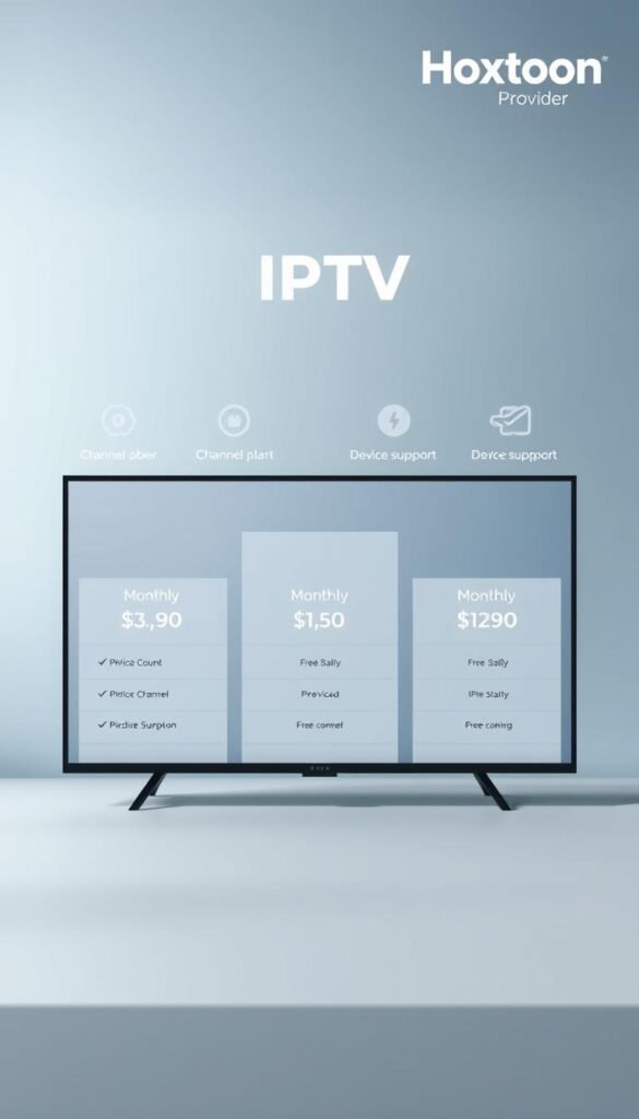 A sleek, modern minimalist design showcasing Hoxtoon Provider's affordable IPTV subscription plans. In the foreground, a minimalist pricing table highlights the plan options, each with clear details on monthly costs, channel count, and device support. The middle ground features clean icons and infographic elements that convey the key plan features. The background is a soft, blurred gradient in soothing shades of blue and gray, creating a professional, high-tech atmosphere. Subtle Hoxtoon Provider branding is present in the top corner. Carefully balanced lighting and a high-quality, photorealistic rendering style bring the entire scene to life.
