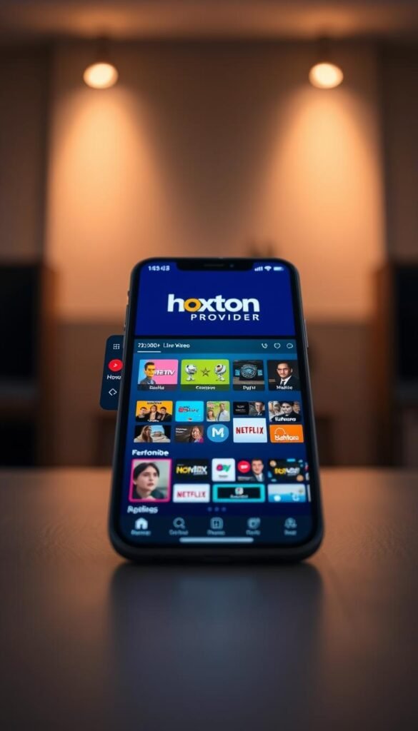 A sleek, modern mobile app interface showcasing the Hoxtoon Provider brand. In the center, a vibrant and intuitive dashboard displays an array of 21,000+ live TV channels and 150,000+ on-demand video options. The app's design features a clean, minimalist aesthetic with bold typography and a seamless user experience. Soft lighting illuminates the screen, creating a sense of depth and clarity. The camera angle is slightly elevated, providing an overview of the app's functionality and features. The background is subtly blurred, ensuring the focus remains on the app's user interface and branding.