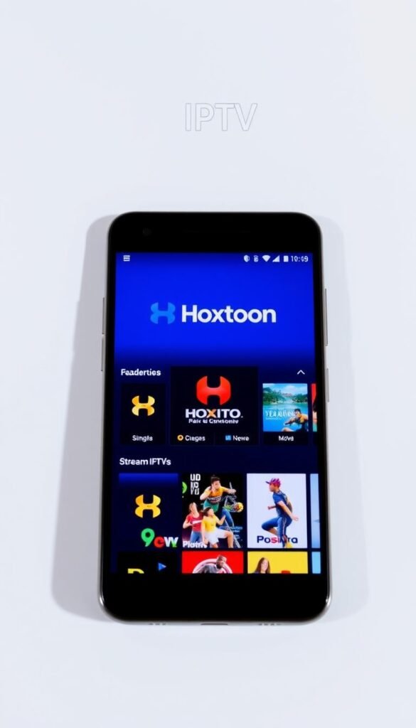 A sleek, modern mobile device displaying the Hoxtoon Provider IPTV Premium APK interface. The screen shows a clean, intuitive design with a bold logo, crisp icons, and a vibrant color palette. The device is set against a minimalist, light-colored background, allowing the application to take center stage. Soft, directional lighting casts subtle shadows, enhancing the sense of depth and dimensionality. The overall impression is one of high-quality, cutting-edge technology ready to deliver an exceptional streaming experience.