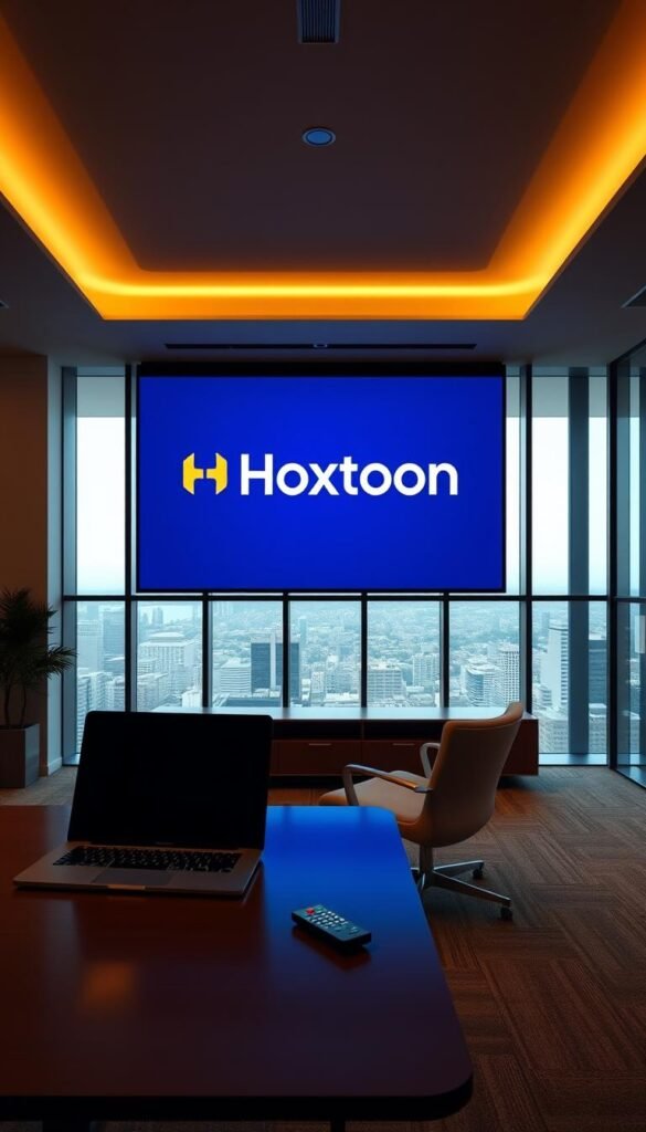 A sleek, modern office environment with a large TV screen displaying the Hoxtoon Provider logo. The scene is bathed in warm, directional lighting, creating a professional and inviting atmosphere. In the foreground, a neatly arranged desk with a laptop and remote control, hinting at the ease of use and accessibility of the Hoxtoon IPTV service. The middle ground features a comfortable, ergonomic chair, suggesting the comfort and convenience of the Hoxtoon experience. The background showcases floor-to-ceiling windows, providing a scenic cityscape view, symbolizing the broad reach and coverage of the Hoxtoon Provider network.