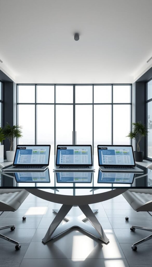 A sleek, modern office interior with a central glass conference table. On the table, three laptops display detailed comparisons of IPTV service providers, including the "Hoxtoon Provider". Bright, natural lighting streams in through floor-to-ceiling windows, creating a professional, technology-focused atmosphere. Minimalist decor and clean lines give the space an air of sophistication. The scene conveys a sense of informed decision-making and thorough evaluation of IPTV options.