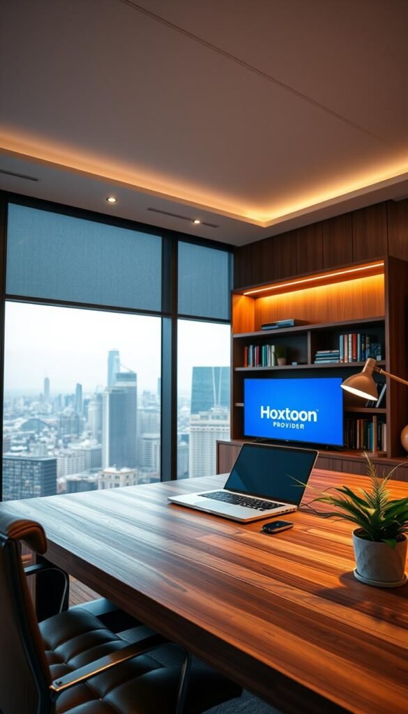 A sleek, modern office interior with a large window overlooking a bustling city skyline. In the center of the frame, a polished wooden desk with a laptop, a wireless keyboard, and a minimalist lamp. Behind the desk, a well-stocked bookshelf and a wall-mounted TV displaying the Hoxtoon Provider logo. The lighting is warm and inviting, creating a professional yet comfortable atmosphere. In the foreground, a leather office chair, and a potted plant on the desk add a touch of greenery. The overall composition conveys the image of a successful, tech-savvy IPTV provider offering a wide range of channels and on-demand content.