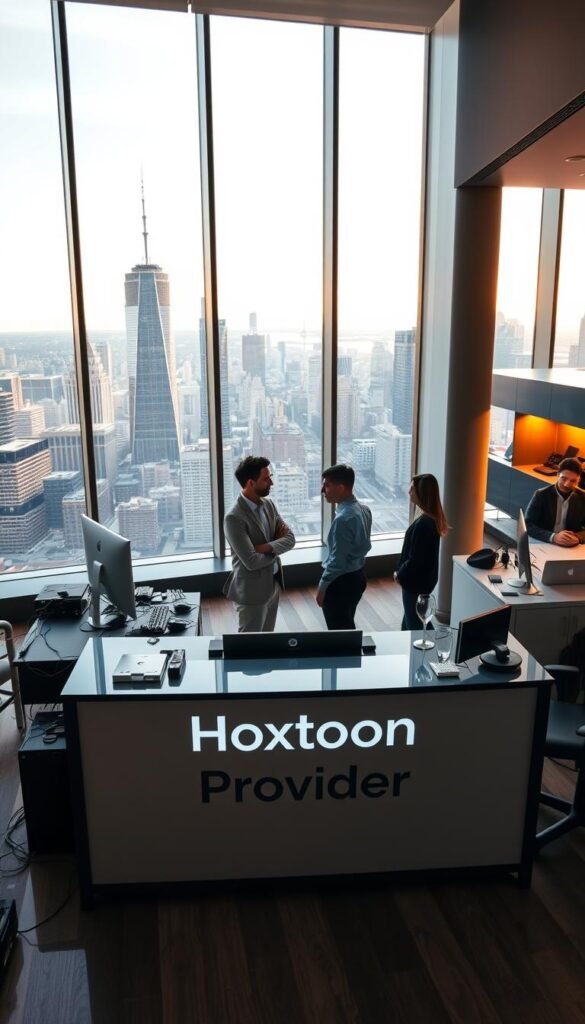 A sleek, modern office interior with a large window overlooking a bustling city skyline. In the foreground, a prominent desk features the "Hoxtoon Provider" logo, surrounded by state-of-the-art equipment and devices. The lighting is warm and inviting, creating a professional yet approachable atmosphere. In the middle ground, a team of tech-savvy individuals collaborates intently, showcasing the expertise and dedication behind Hoxtoon's industry-leading IPTV services. The background features additional office spaces and a sense of energy and innovation, conveying Hoxtoon's position as the premier IPTV provider in the USA.
