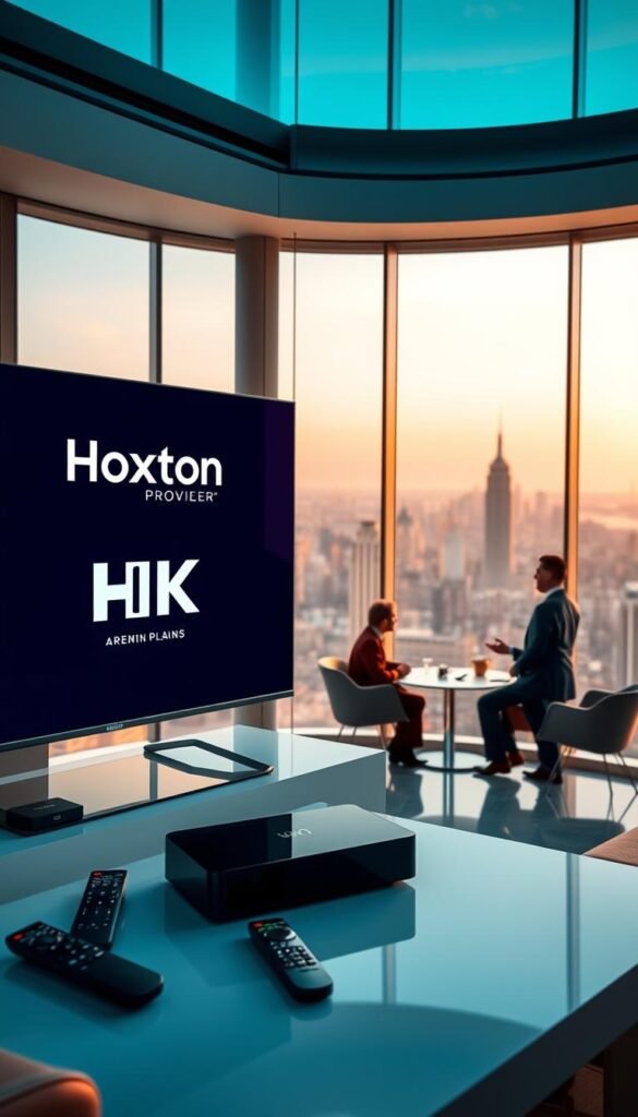 A sleek, modern office interior with a panoramic view of a bustling city skyline. In the foreground, a large 4K IPTV display showcases the Hoxtoon Provider brand logo, surrounded by an array of remote controls and streaming devices. The middle ground features several people in business attire engaged in a meeting, discussing IPTV options and plans. The background is softly lit, with warm lighting and a subtle depth of field, creating a professional and sophisticated atmosphere. The overall scene conveys the ease and quality of 4K IPTV streaming with Hoxtoon Provider, America's premier IPTV service.