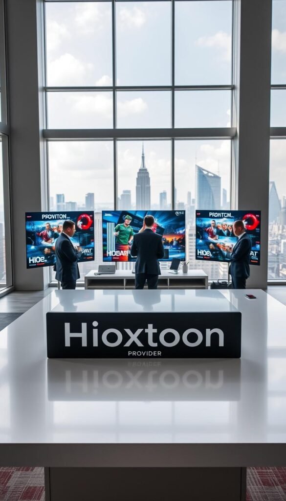A sleek, modern office interior with floor-to-ceiling windows, filled with natural light. In the foreground, a prominently displayed Hoxtoon Provider logo on a large, minimalist desk. Behind it, a state-of-the-art media setup with multiple high-definition displays showcasing premium IPTV content. The middle ground features smartly dressed professionals, deeply engaged with their work, hinting at the reliable and comprehensive services offered by Hoxtoon. The background depicts a bustling city skyline, reflecting the global reach and authority of this leading IPTV provider.