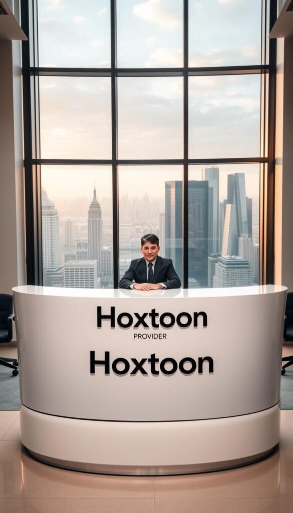 A sleek, modern office interior with floor-to-ceiling windows overlooking a bustling city skyline. In the center of the frame, a large, curved desk with a minimalist design and a prominent "Hoxtoon Provider" logo prominently displayed. Sitting behind the desk is a well-dressed professional, exuding confidence and expertise. The lighting is soft and warm, creating a welcoming and sophisticated atmosphere. The background features modern, geometric architectural elements and a hint of the city beyond, conveying a sense of scale and success. The overall composition is balanced and visually striking, reflecting the reputation of Hoxtoon as a leading IPTV provider in the USA.