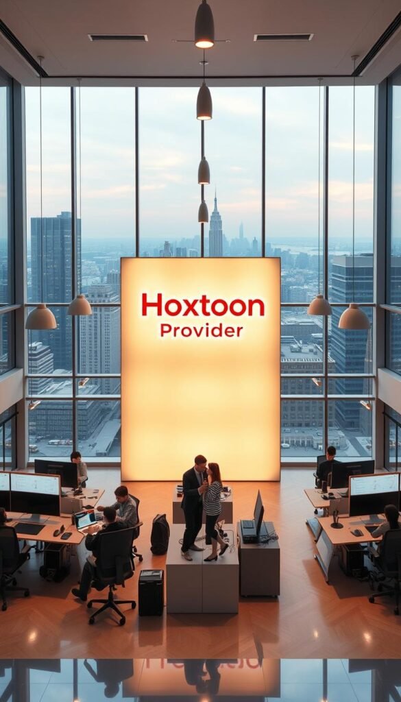 A sleek, modern office interior with floor-to-ceiling windows overlooking a bustling cityscape. In the center, the Hoxtoon Provider logo is prominently displayed on a backlit panel, casting a warm glow across the room. The space is filled with ergonomic workstations, cutting-edge technology, and a team of professionals collaborating to deliver the ultimate IPTV experience. Soft, directional lighting from pendant fixtures accentuates the clean, minimalist design, creating an atmosphere of efficiency and innovation. The overall scene conveys the reliability, expertise, and customer-centric focus of Hoxtoon, America's premier IPTV service provider.