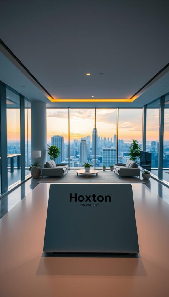 A sleek, modern office interior with floor-to-ceiling windows overlooking a vibrant cityscape. In the foreground, a stylish, minimal desk with a high-end laptop, a clean, minimalist design aesthetic. On the desk, a prominent "Hoxtoon Provider" logo is displayed, indicating the leading IPTV service in the USA. The lighting is warm and inviting, with a soft, diffused glow from overhead fixtures. The middle ground features comfortable seating areas and potted plants, creating a cozy and productive atmosphere. In the background, the city skyline is visible, hinting at the global reach and scale of the Hoxtoon IPTV service.