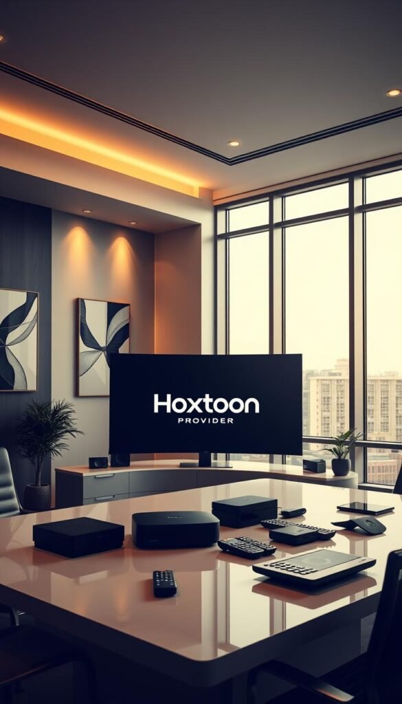 A sleek, modern office interior with large windows bathing the room in natural light. In the center, a Hoxtoon Provider logo is prominently displayed on a large, curved screen. On the desk, an array of high-tech IPTV devices and remotes are neatly arranged, conveying the advanced nature of the Hoxtoon service. The walls are adorned with minimalist, abstract art pieces, creating a sophisticated ambiance. The lighting is warm and inviting, with discreet downlights illuminating the space. The scene exudes a sense of technological prowess and attention to detail, reflecting the premium quality of the Hoxtoon IPTV provider.