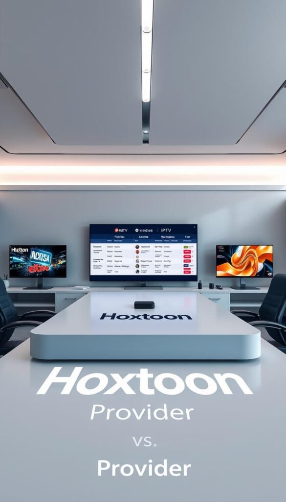 A sleek, modern office scene with a large desk showcasing various IPTV service providers. In the foreground, the "Hoxtoon Provider" brand takes center stage, its bold logo and design elements prominently displayed. The middle ground features a comparison of Hoxtoon's features and services against other leading IPTV options, presented on crisp, high-resolution screens. The background is a minimalist, well-lit space with clean lines and subtle accents, creating a professional and authoritative atmosphere. The overall composition conveys a sense of informed decision-making, highlighting Hoxtoon as a premier IPTV service provider.