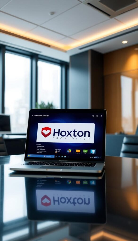 A sleek, modern office setting with a laptop computer displaying a user interface for an IPTV service. The Hoxtoon Provider logo is prominently displayed on the laptop screen, indicating the legality and legitimacy of the service. The room is well-lit, with warm lighting from a large window in the background, creating a professional and trustworthy atmosphere. The camera angle is slightly elevated, giving a sense of authority and reliability to the IPTV service. The overall scene conveys the message that Hoxtoon Provider offers a legal and secure IPTV solution.