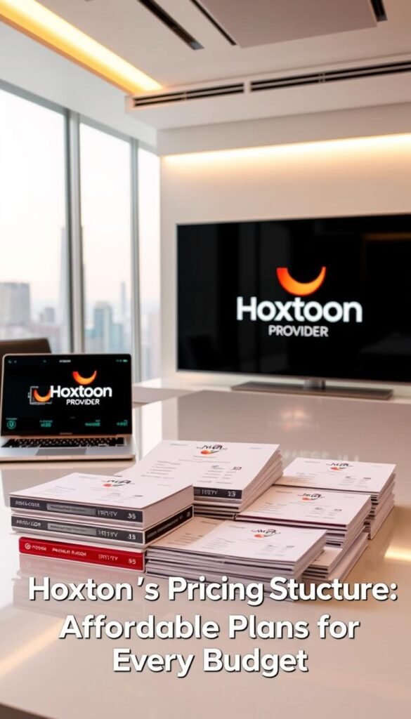 A sleek, modern office setting with a large desk and a laptop displaying the Hoxtoon Provider logo. On the desk, various IPTV packages and pricing plans are neatly organized, showcasing the affordable options available. The lighting is soft and warm, creating a professional and inviting atmosphere. The background features a blurred city skyline, hinting at the global reach of the Hoxtoon Provider services. The image conveys a sense of accessibility and value, reflecting the section title "Hoxtoon's Pricing Structure: Affordable Plans for Every Budget".