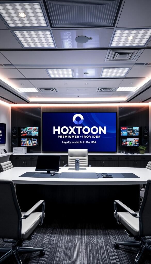 A sleek, modern office setting with a large desk, comfortable chairs, and state-of-the-art computer equipment. In the center, a Hoxtoon Provider logo prominently displayed on a high-resolution monitor, showcasing their premium IPTV service with 21,000+ channels and 150,000+ VODs, legally available in the USA. The lighting is bright and professional, creating a sense of authority and trust. The angle is slightly elevated, giving the viewer a sense of the Hoxtoon Provider's scale and significance in the IPTV market. The overall atmosphere conveys reliability, quality, and a commitment to providing the best legal IPTV experience.