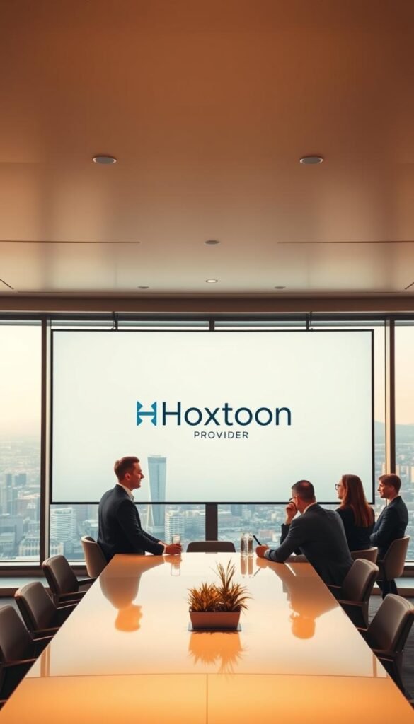 A sleek, modern office setting with a large flat-screen display showcasing the Hoxtoon Provider logo. In the foreground, a team of professionals in business attire gathered around a conference table, engaged in a discussion. Warm, indirect lighting casts a comfortable glow, highlighting the polished surfaces and high-end furnishings. The background features a panoramic view of a bustling city skyline, conveying a sense of scale and the company's industry prominence. The overall composition exudes professionalism, innovation, and the promise of a cutting-edge IPTV service.