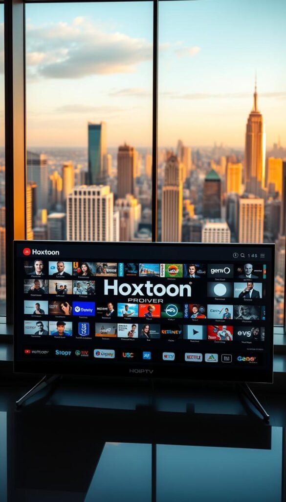 A sleek, modern office setting with a large panoramic window overlooking a bustling city skyline. In the foreground, a well-designed, state-of-the-art IPTV interface displays the Hoxtoon Provider logo prominently. The interface showcases a vast selection of high-definition channels, seamless live streaming, and user-friendly navigation. The middle ground features a group of professionals in business attire, intently focused on their devices, demonstrating the reliability and versatility of the Hoxtoon IPTV service. The background is illuminated by warm, soft lighting, creating a professional and trustworthy atmosphere. The overall scene conveys the cutting-edge technology, comprehensive channel selection, and exceptional user experience that make Hoxtoon the best IPTV provider in the USA.
