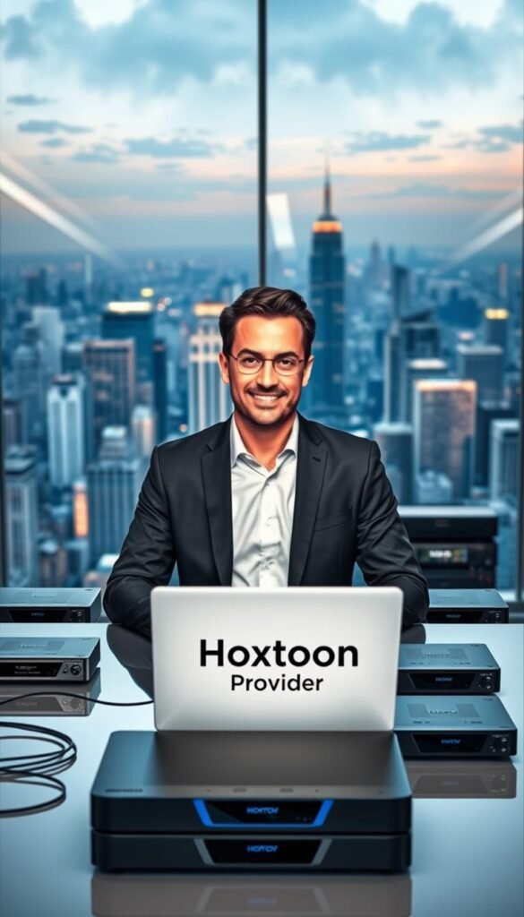 A sleek, modern office setting with a large window overlooking a bustling city skyline. In the foreground, a well-dressed professional sits at a desk, laptop open and a confident expression on their face. On the desk, a prominent "Hoxtoon Provider" logo is visible, signifying the leading legal IPTV service. The middle ground features a array of high-tech equipment and streaming devices, conveying the advanced capabilities of the Hoxtoon platform. In the background, a cityscape with towering skyscrapers and a vibrant, lively atmosphere sets the scene. Soft, directional lighting illuminates the space, creating a sense of professionalism and credibility. The overall mood is one of innovation, reliability, and the promise of a superior IPTV experience.