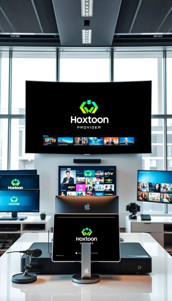 A sleek, modern office setting with an array of high-tech devices and screens displaying the Hoxtoon Provider brand logo. In the foreground, a stylish executive desk with a state-of-the-art computer, a high-quality microphone, and a tablet showcasing Hoxtoon's IPTV services. The middle ground features a large, curved wall-mounted display showing various IPTV content and channel options. The background is filled with floor-to-ceiling windows, allowing natural light to flood the space and create a sense of openness and professionalism. The overall atmosphere is one of cutting-edge technology, industry leadership, and reliable IPTV solutions.
