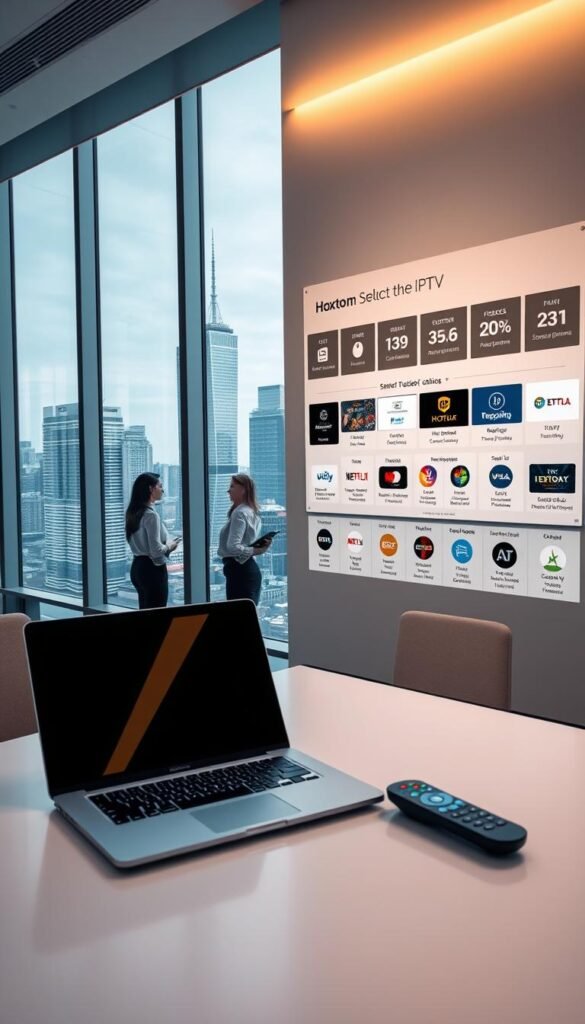 A sleek, modern office setting with large windows overlooking a bustling city skyline. In the foreground, a minimalist desk features a laptop and a wireless remote control, hinting at the cutting-edge IPTV technology. The middle ground showcases a group of people, dressed in business attire, engaged in a lively discussion, highlighting the collaborative nature of the Hoxtoon Provider service. The background features a wall-mounted display showcasing various IPTV packages and subscription options, all in a clean, visually appealing design. Warm, directional lighting illuminates the scene, creating a professional and aspirational atmosphere.