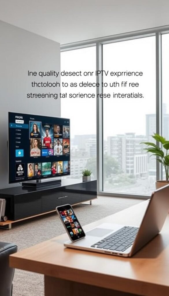 A sleek, modern office space showcases the Hoxtoon Provider IPTV service. In the foreground, a high-end TV displays a diverse array of live and on-demand content, surrounded by a minimalist entertainment setup. The middle ground features a laptop and smartphone, highlighting the seamless cross-device experience. In the background, large windows provide natural lighting, creating a bright and airy atmosphere. The scene conveys a sense of premium quality, advanced technology, and a comprehensive IPTV solution that outshines free streaming alternatives.