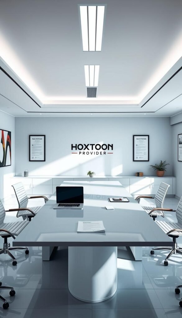 A sleek, modern office space with minimalist decor and natural lighting. In the center, a large desk with a laptop and documents, representing the legal and compliance aspects of the "Hoxtoon Provider" IPTV service. On the walls, abstract artwork and framed certificates symbolizing the company's commitment to legality and regulation. The atmosphere is professional, clean, and inspires trust in the brand's legitimacy.
