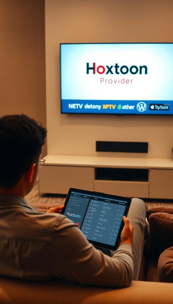 A sleek, modern room with a large TV screen displaying various IPTV service logos, including the prominent "Hoxtoon Provider" brand. In the foreground, a person sitting on a comfortable couch, comparing the content offerings and pricing of different IPTV providers on a tablet. The lighting is soft and warm, creating a cozy, inviting atmosphere. The overall scene conveys a sense of research, comparison, and the decision-making process in choosing the best IPTV service for the user's needs.