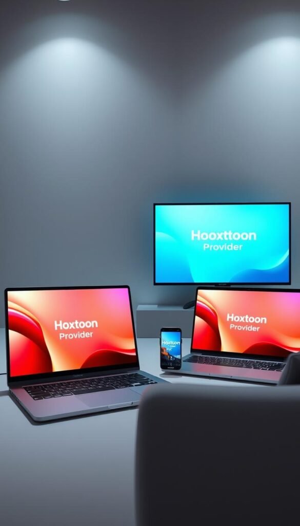 A sleek, modern setup featuring a variety of digital devices - a large widescreen TV, a laptop, a tablet, and a smartphone - all seamlessly connected and displaying the Hoxtoon Provider logo. The devices are arranged in a dynamic, asymmetrical composition, creating a sense of technological harmony and multi-device compatibility. Soft, diffused lighting illuminates the scene, highlighting the premium, high-quality display and interface of the devices. The background is a minimalist, clean-lined environment, allowing the devices to take center stage and emphasize the versatility and cross-platform accessibility of the Hoxtoon Provider service.