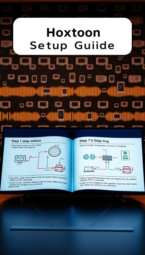 A sleek, modern setup guide for the Hoxtoon Provider IPTV service. Detailed diagrams and instructions unfold in the foreground, guiding the viewer through the step-by-step process. Warm lighting and a minimalist, high-tech aesthetic create a sense of professionalism and approachability. In the background, a subtle pattern of stylized broadcasting waves and digital interfaces subtly reinforces the technical nature of the content. The overall composition strikes a balance between informative clarity and visually appealing design.