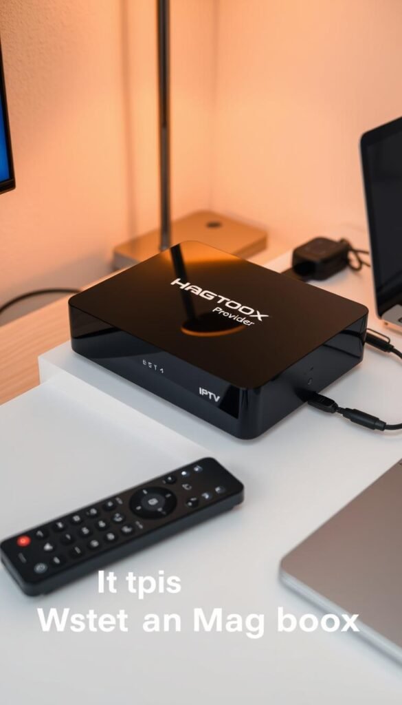 A sleek, modern setup of a Mag box IPTV device, prominently displayed on a minimalist wooden desk. The Mag box, designed by Hoxtoon Provider, sits atop a clean, white surface, its glossy black exterior reflecting the warm lighting from a floor lamp in the background. The setup is accompanied by a wireless remote, a clean cable arrangement, and a laptop or tablet, suggesting a seamless integration of technology. The overall scene conveys a sense of efficiency and professionalism, reflecting the subject of the article's section on setting up different Mag box models.