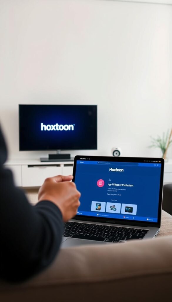 A sleek, modern setup process for the Hoxtoon Provider IPTV service. In the foreground, a person's hands deftly configuring a high-tech streaming device, such as a smart TV or set-top box. The device's interface displays the Hoxtoon logo prominently. In the middle ground, a laptop or tablet shows the Hoxtoon website, guiding the user through the simple installation steps. The background is a minimalist, well-lit home entertainment setup, with clean lines and neutral tones creating a sense of effortless sophistication. The overall mood is one of confidence and technological competence, reflecting the ease and reliability of the Hoxtoon IPTV experience.