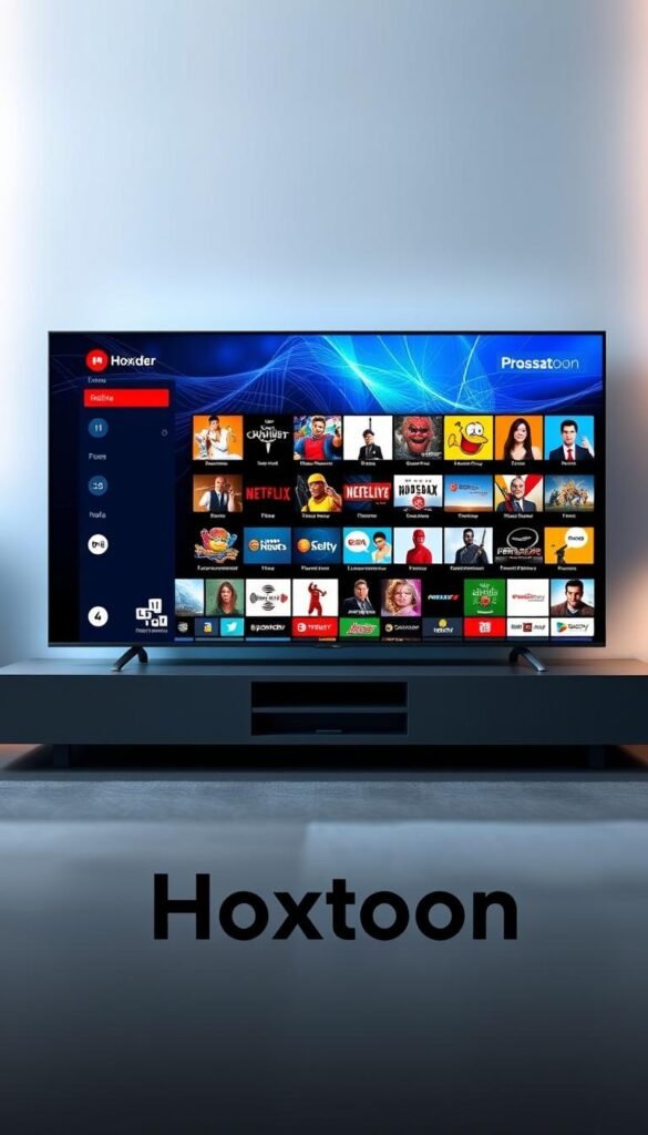 A sleek, modern smart TV displays a vibrant, high-definition IPTV streaming interface. The foreground features the Hoxtoon Provider logo prominently, showcasing its seamless integration with the TV's software. In the middle ground, an expansive array of 21K+ live channels and 150K+ on-demand titles are neatly organized, inviting the viewer to explore the rich content library. The background depicts a minimalist, tech-inspired environment with subtle lighting, creating a sense of sophistication and innovation. The overall scene conveys the power, versatility, and superior quality of the Hoxtoon IPTV service, positioning it as the premier choice for cord-cutters and entertainment enthusiasts.