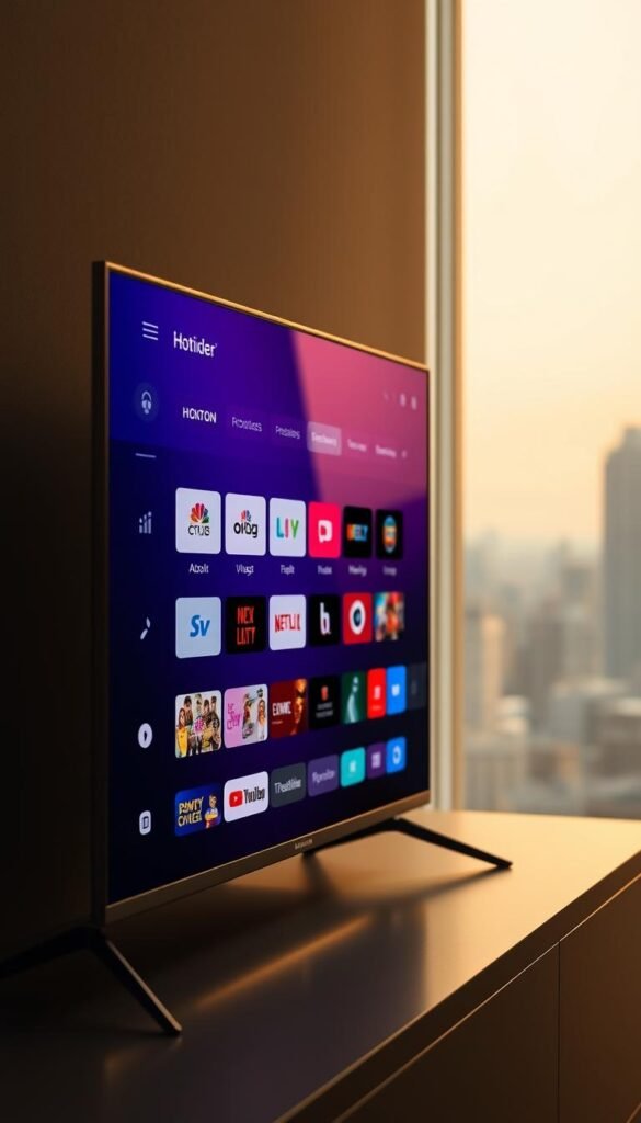 A sleek, modern smart TV interface showcasing the Hoxtoon Provider app, with a vibrant, minimalist design. The home screen displays a grid of colorful channel logos and VOD thumbnails, inviting the viewer to explore Hoxtoon's vast library of over 21,000 channels and 150,000 video-on-demand titles. The interface is bathed in a warm, soft lighting, creating a cozy, premium atmosphere. The TV is positioned at a slight angle, allowing the viewer to appreciate the depth and clarity of the display. The background features a subtle, blurred cityscape, hinting at the global reach and diversity of Hoxtoon's content.