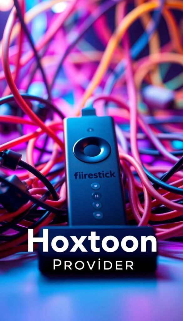 A sleek, modern smart TV streaming device nestled amidst a mesh of colorful, high-tech cables and devices, symbolizing the seamless integration of Firestick and IPTV. Vibrant, futuristic lighting casts an ethereal glow, highlighting the Firestick's compact, minimalist design. In the foreground, the "Hoxtoon Provider" brand name is prominently displayed, emphasizing its compatibility and synergy with the Firestick platform. The overall composition conveys the power, versatility, and user-friendly experience of transforming a Firestick into the ultimate IPTV companion.