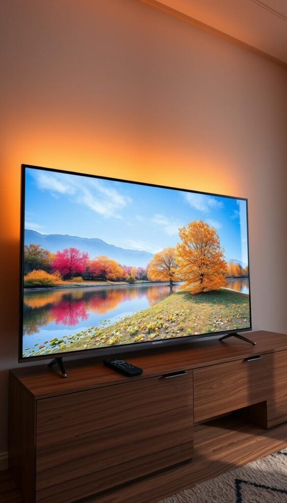 A sleek, modern smart TV with the Hoxtoon Provider IPTV service seamlessly integrated. The TV stands elegantly on a wooden entertainment center, bathed in warm, directional lighting that highlights its slim, minimalist design. The screen displays a vibrant, high-resolution image of a nature scene, showcasing the TV's vivid display capabilities. The remote control rests nearby, its intuitive layout suggesting the ease of navigating Hoxtoon's extensive library of 21K+ channels and 150K+ VODs. The overall scene conveys a sense of sophisticated, effortless entertainment, inviting the viewer to immerse themselves in the Hoxtoon IPTV experience on a premium smart TV.