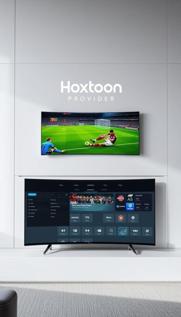 A sleek, modern sports IPTV service interface, prominently displaying the Hoxtoon Provider brand name. In the foreground, a high-definition live sports stream plays on a large, curved screen, immersing the viewer. The middle ground features a clean, minimalist design with intuitive navigation menus, showcasing the extensive sports content library. The background subtly depicts a dynamic cityscape, hinting at the global reach and connectivity of the Hoxtoon sports IPTV service. The overall atmosphere is one of technological sophistication, seamless user experience, and a deep passion for sports entertainment.