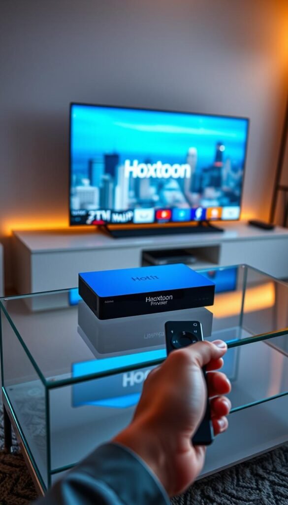 A sleek, modern streaming media player sits atop a minimalist glass entertainment center. Soft ambient lighting illuminates the device's clean lines and matte black finish, casting a warm glow across the room. The Hoxtoon Provider logo is subtly displayed on the front panel, complementing the device's premium aesthetic. In the foreground, a hand casually holds a wireless remote, ready to navigate through a vibrant, on-screen interface. The background features a blurred cityscape, hinting at the player's versatility in delivering a wide range of digital content. The overall scene conveys a sense of effortless connectivity and entertainment within a sophisticated, modern living space.