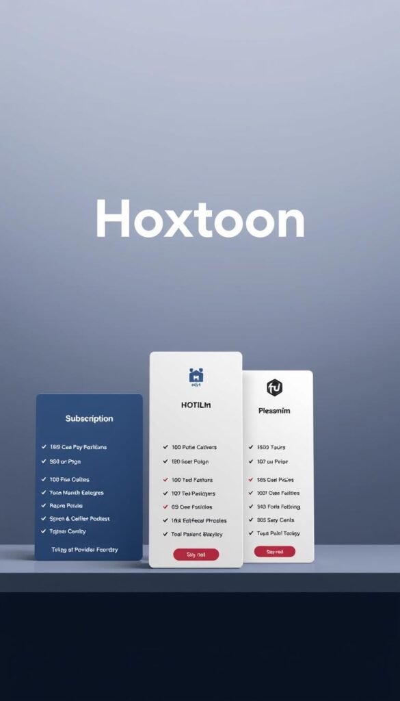 A sleek, modern subscription plan layout for the premium "Hoxtoon Provider" IPTV service. The foreground features three distinct plan tiers, each with their own unique icons, pricing, and feature highlights presented in a clean, minimalist style. The middle ground showcases the Hoxtoon logo prominently, conveying the brand's authoritative presence. The background has a subtle gradient pattern in calming, corporate colors, creating a professional, high-quality atmosphere. Crisp lighting and a slightly angled camera angle lend an air of sophistication to the overall design.