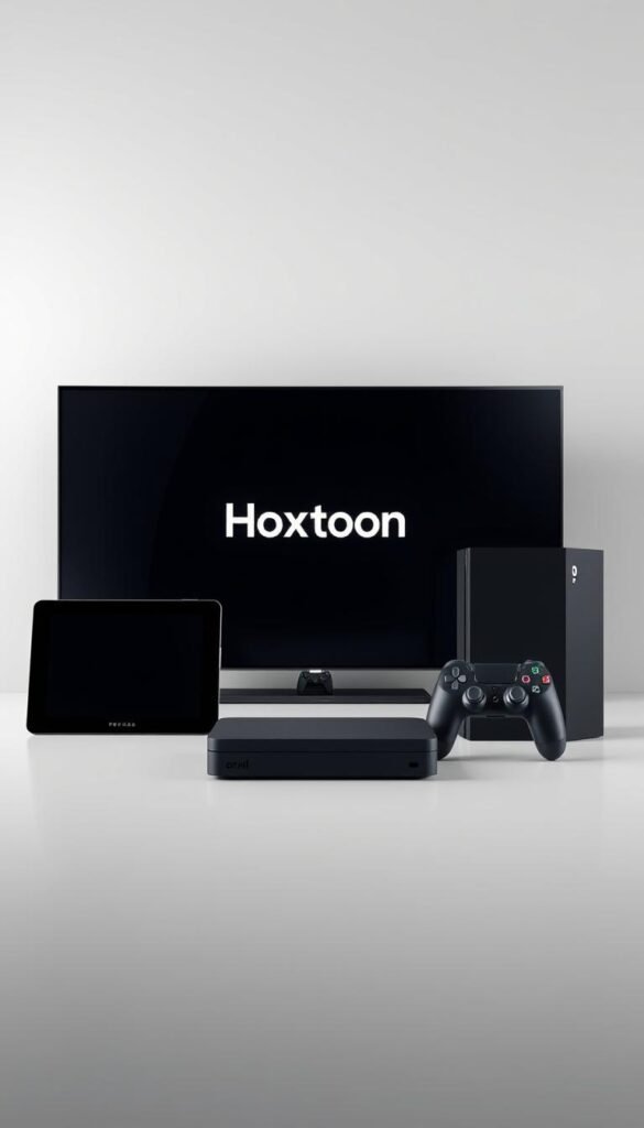 A sleek, modern tech setup featuring an array of devices compatible with the Hoxtoon Provider streaming service. In the foreground, an array of devices including a smart TV, tablet, smartphone, and gaming console are elegantly arranged against a minimalist background. Soft, directional lighting highlights the smooth surfaces and clean lines of the devices, conveying a sense of high-quality and technological sophistication. The middle ground features a subtle, floating Hoxtoon Provider logo, subtly reinforcing the brand identity. The background is a simple, gradient-based color scheme that allows the devices to take center stage. The overall mood is one of streamlined, efficient connectivity and seamless compatibility across multiple platforms.