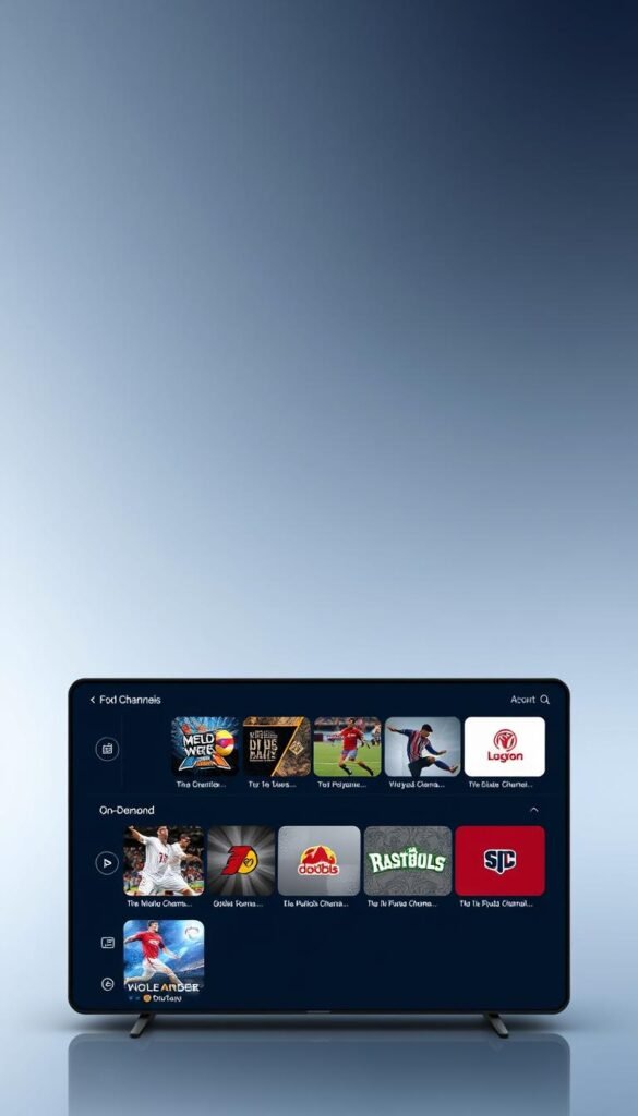 A sleek, modern user interface for the Hoxtoon Provider IPTV platform. The interface is designed with a clean, minimalist aesthetic, featuring a grid layout of channels and on-demand content. The foreground showcases a collection of popular sports channels, with clear icons and intuitive navigation controls. The middle ground presents a seamless browsing experience, allowing users to quickly find and select their desired content. In the background, a subtle gradient sets the tone, creating a visually appealing and immersive atmosphere. The overall design is optimized for easy, intuitive usage, enhancing the user's experience and enjoyment of the Hoxtoon Provider's extensive sports channel offerings.
