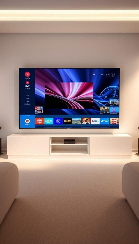 A sleek, modern user interface for the Hoxtoon Provider IPTV service. A bright, minimalist design with a clean layout and intuitive navigation. The main screen displays a grid of high-definition channel thumbnails, with smooth transitions and animations. In the foreground, a simple, uncluttered menu bar allows easy access to live TV, on-demand content, and settings. The middle ground features a large central video player with sharp, vivid imagery. The background is a subtle gradient, creating depth and focus on the core interface elements. Lighting is soft and diffused, giving the scene a polished, professional look. The overall atmosphere is sleek, user-friendly, and optimized for a seamless IPTV experience.