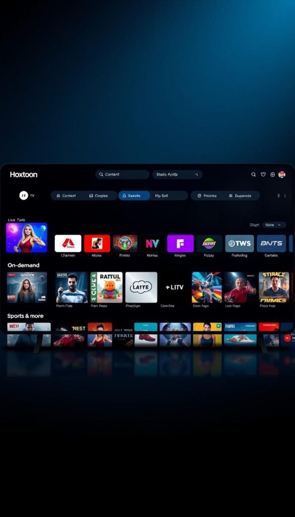 A sleek, modern user interface of the Hoxtoon Provider streaming platform. In the center, a minimalist dashboard with a clean grid layout showcasing various content categories - live TV channels, on-demand movies and shows, sports, and more. The interface has a dark, premium aesthetic with vibrant colors highlighting the content thumbnails. Subtle lighting and reflections create a sense of depth and sophistication. The top navigation bar displays the Hoxtoon brand logo, search functionality, and user profile options. The overall experience conveys a polished, user-friendly interface designed to facilitate seamless content discovery and playback.