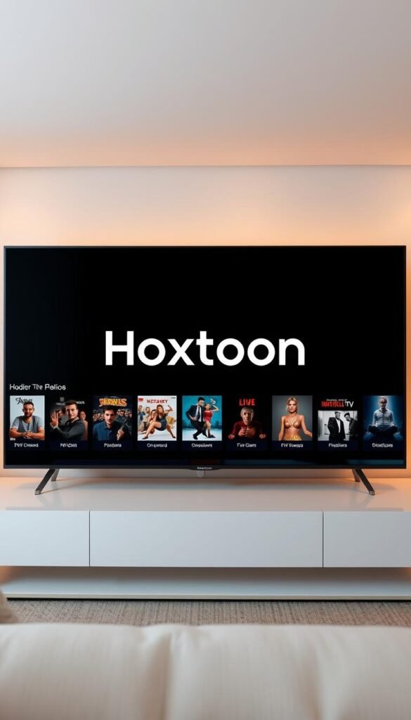 A sleek, modern user interface of the Hoxtoon Provider streaming platform. In the center, the Hoxtoon logo stands out against a minimalist, dark background. Around it, a grid of crisp, high-definition thumbnails showcases the wide selection of live TV channels, on-demand movies, and TV shows available to the user. The interface features a clean, intuitive layout with clear section divisions and easy-to-navigate menus. Warm, soft lighting illuminates the scene, creating a comfortable and inviting atmosphere. The overall design conveys a sense of sophistication, efficiency, and attention to detail, reflecting the premium quality of the Hoxtoon streaming service.